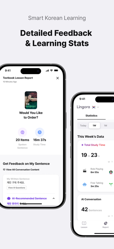 LINGORA | 24/7 Language Lesson - Detailed lesson reports and learning statistics on the Lingora language app interface