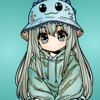 girl with anime shaped eyes with a dinosaur bucket hat oversized sweatshirt long straight hair