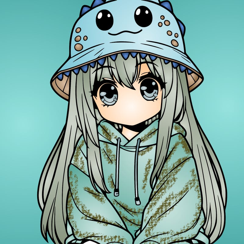 girl with anime shaped eyes with a dinosaur bucket hat oversized sweatshirt long straight hair