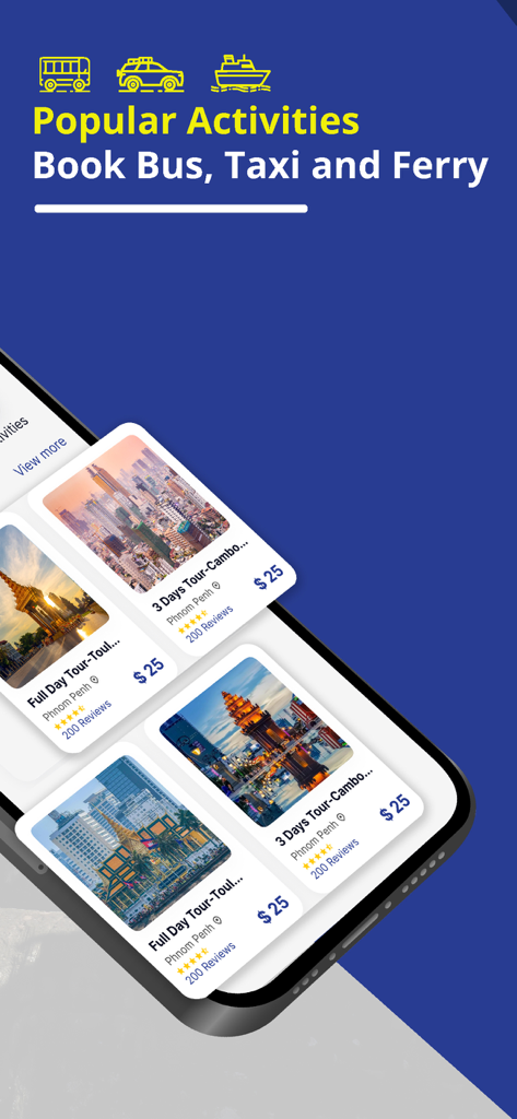 Camboticket - Camboticket app interface showing popular tour and activity bookings for Phnom Penh with prices and ratings.