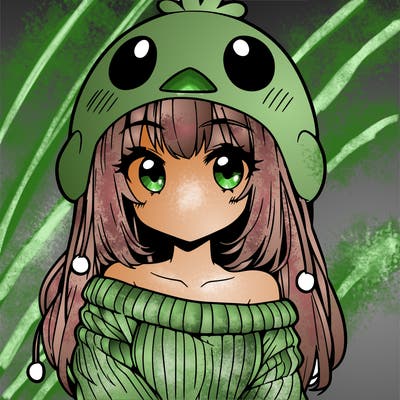 anime girl with chick shaped hat with sweater with bare shoulders with bangs covering them one eye with low tail