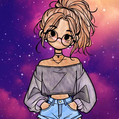 girl with a messy ponytail glasses a baggy crop top and jean shorts
