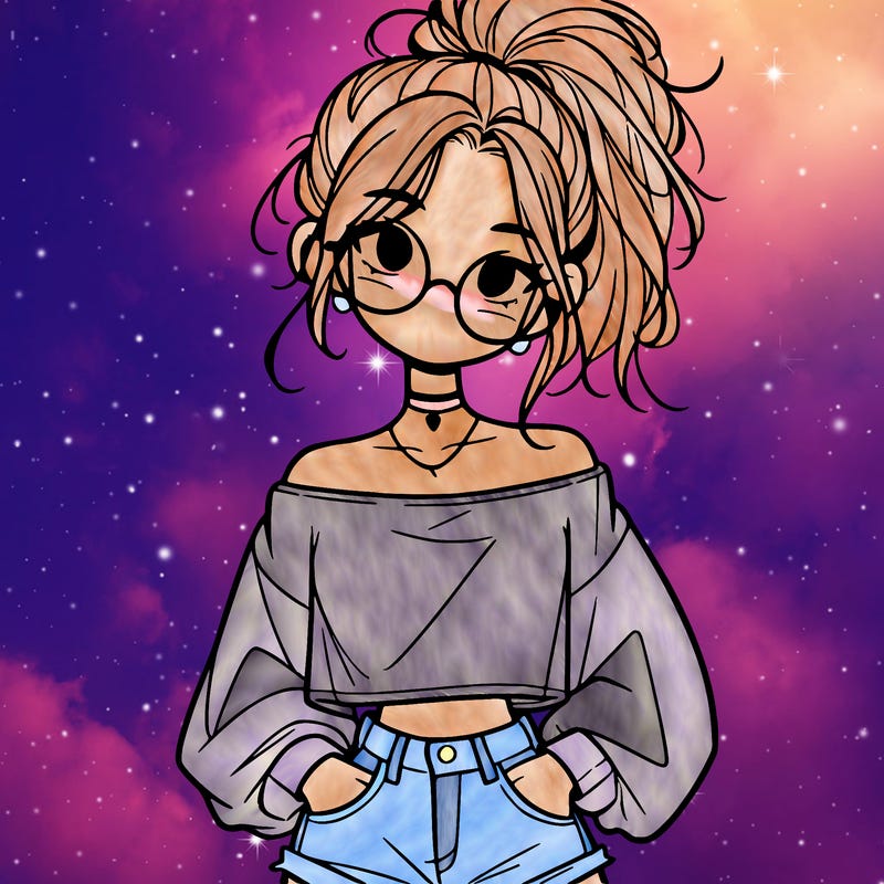 girl with a messy ponytail glasses a baggy crop top and jean shorts