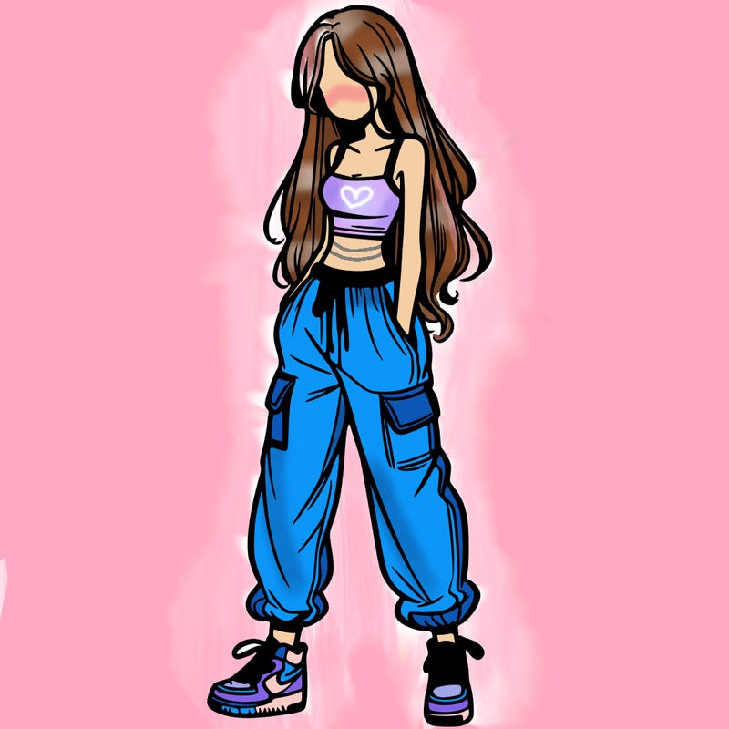 girl in baggy pants crop top and long hair