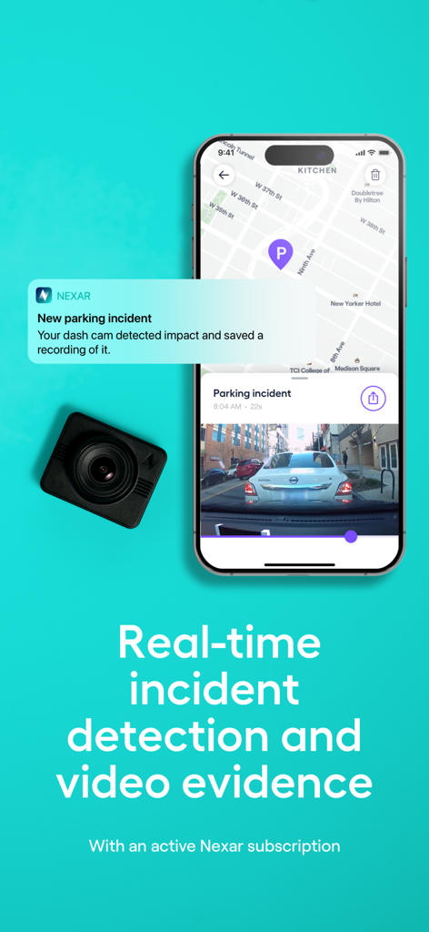 Smartphone displaying a Nexar Classic parking incident notification and video evidence next to a dash cam.