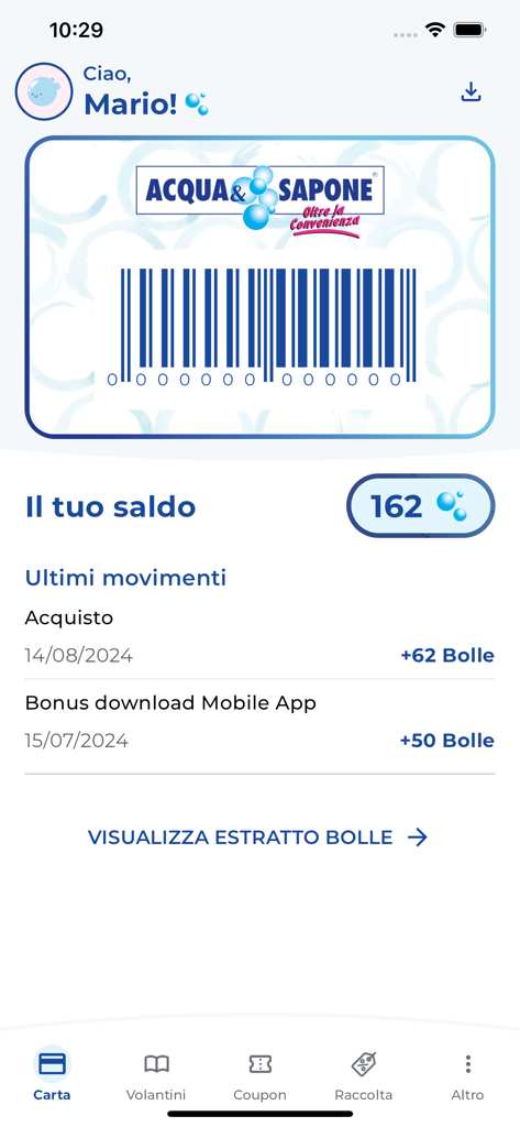 Digitale Treuekarte und Punkteguthaben in der Carta Club Acqua e Sapone App