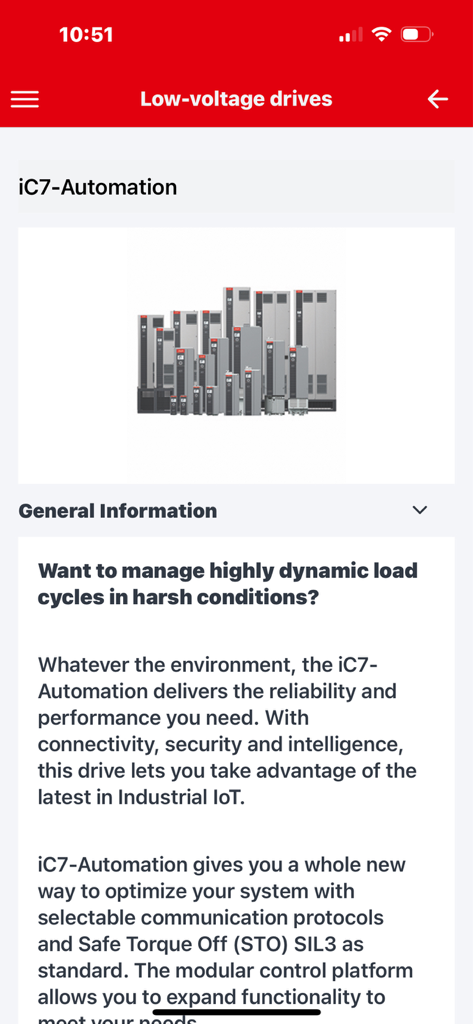 Technische Spezifikationsseite für Danfoss iC7-Automation Niederspannungsantriebe innerhalb der MyDrive Portfolio Mobile App.