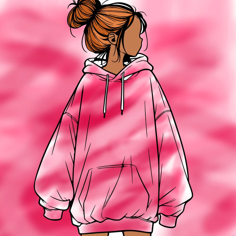 realistic girl with a oversized sweatshirt on and a bun