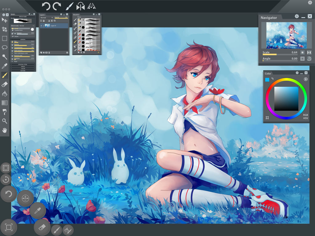 Paintstorm Studio - Digital illustration of an anime girl in a field within the Paintstorm Studio iPad app interface
