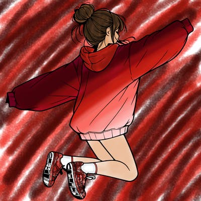realistic girl jumping with a bun and oversized sweatshirt