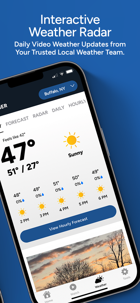 7 WKBW News Buffalo - WKBW News Buffalo app weather interface showing current temperature and hourly forecast for Buffalo NY