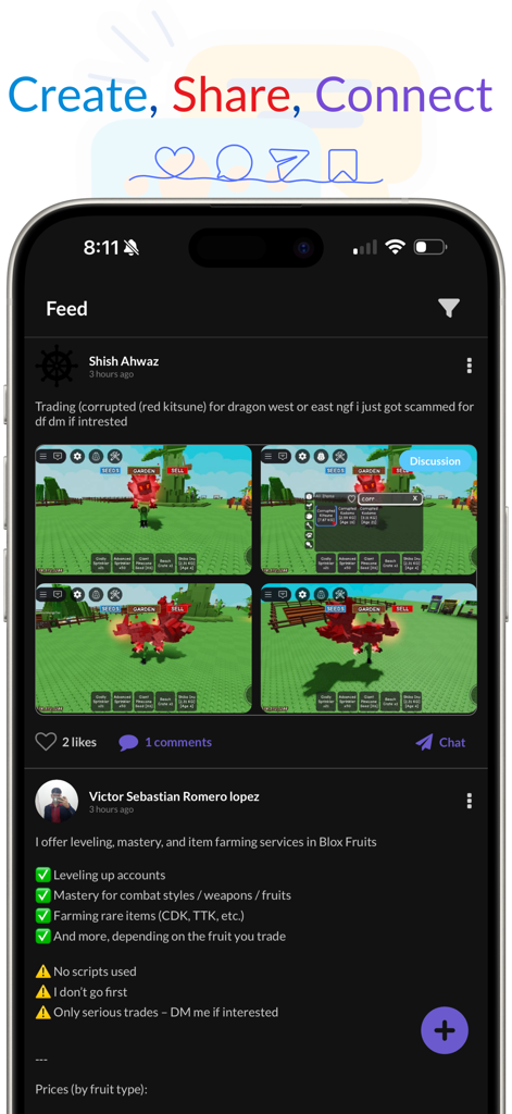 A community feed screen in the Blox Fruits app showing user trade posts and game services.