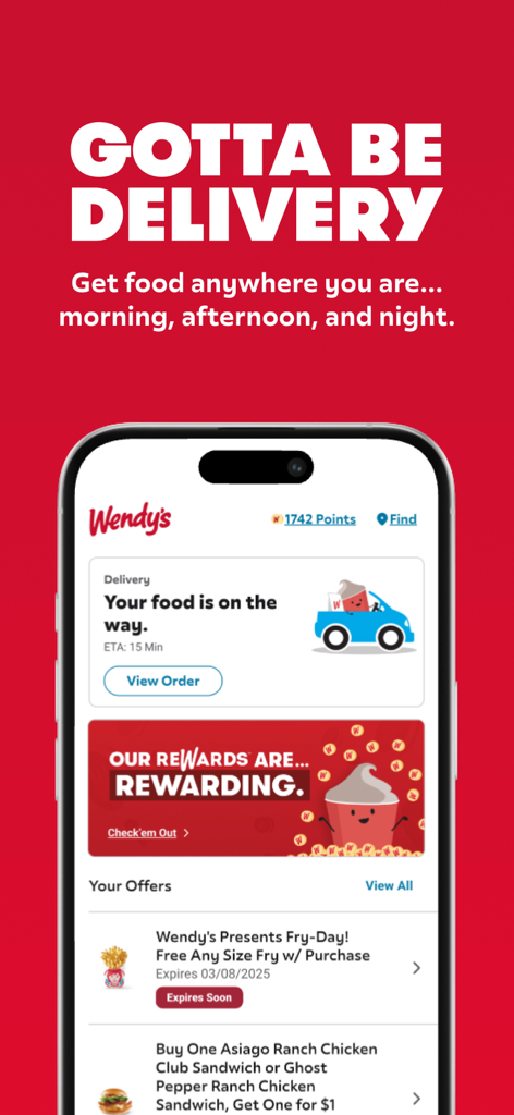 Wendy’s - Interfaz de la app de Wendy's mostrando el estado de entrega de comida con una hora estimada de llegada y ofertas de recompensa especiales.