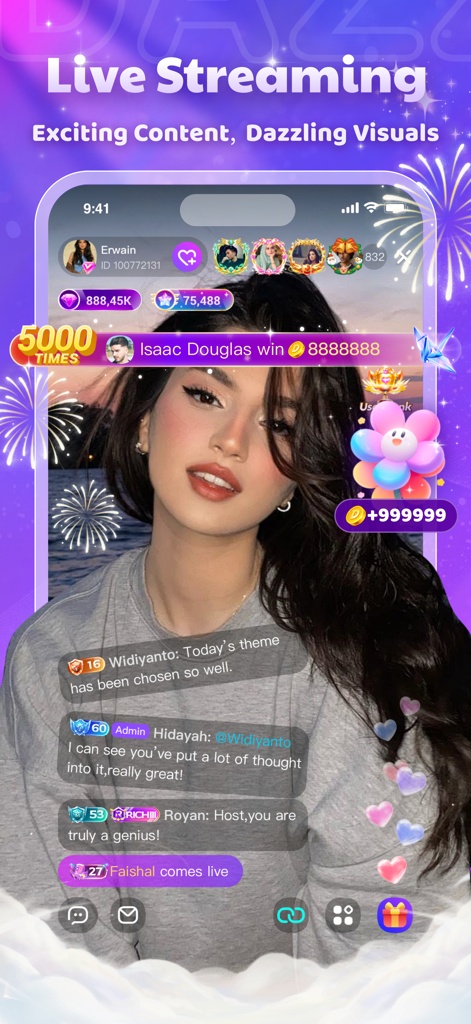 Dazz Live-Live Stream & Chat - Dazz Live app interface showing a live streamer with real-time chat and virtual gifts