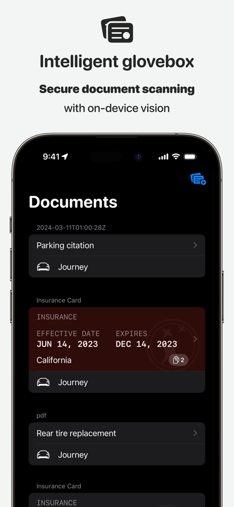 Sidecar app screen showing the intelligent glovebox feature with scanned car insurance and maintenance records