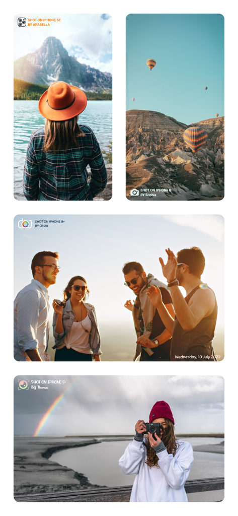 Four examples of lifestyle photos watermarked with Shot On iPhone and personalized signatures