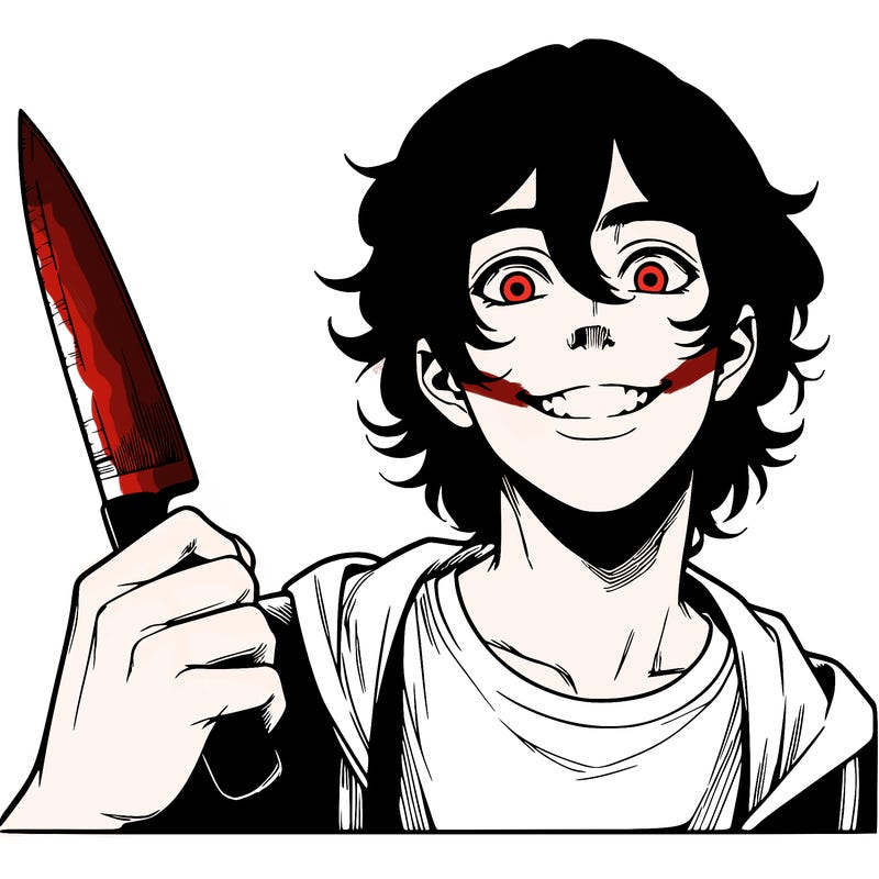 teenage realistic guy with long ish hair holding a knife and has a big grin