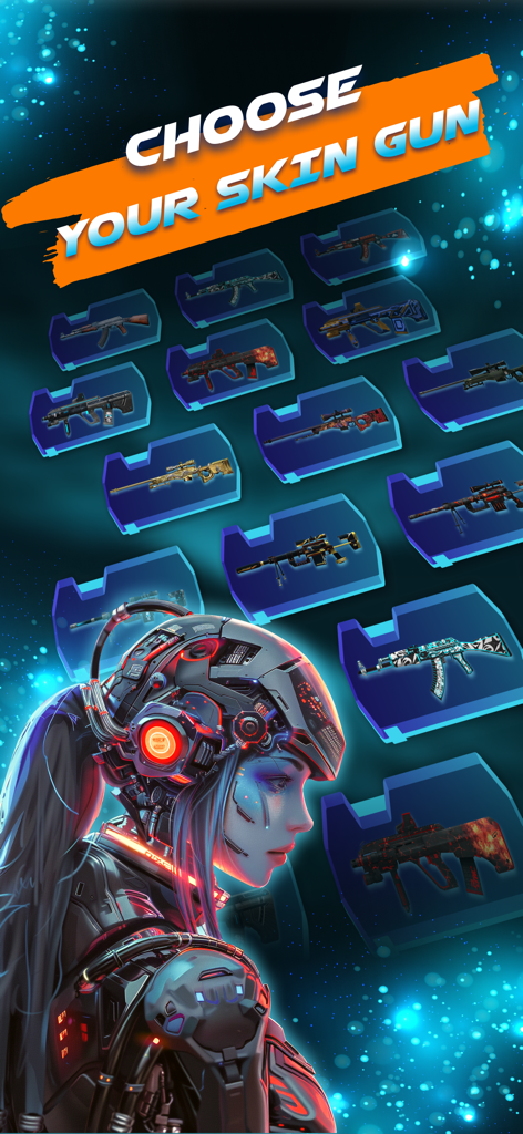 A menu screen displaying a variety of customizable firearm skins and models in the gun simulator app.