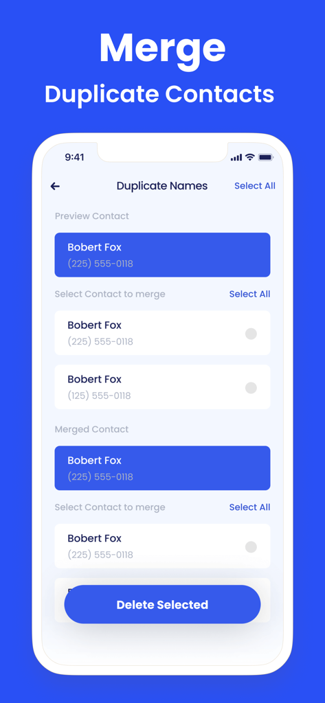 Clean Master: Clean Storage - Pantalla de la aplicación Clean Master mostrando la interfaz para identificar y fusionar contactos duplicados para organizar la agenda telefónica