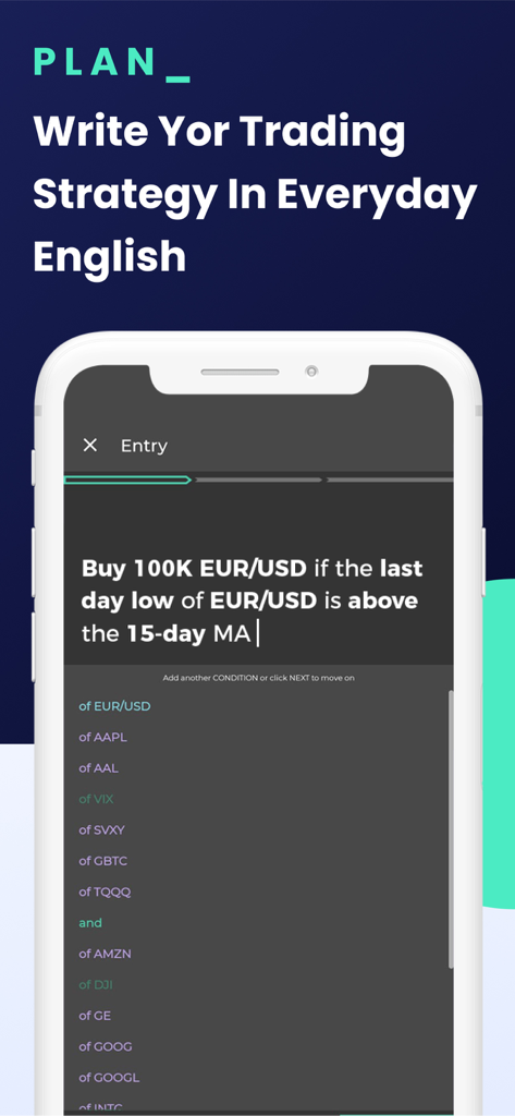Interface of the Capitalise.ai app showing how to write a trading strategy in everyday English