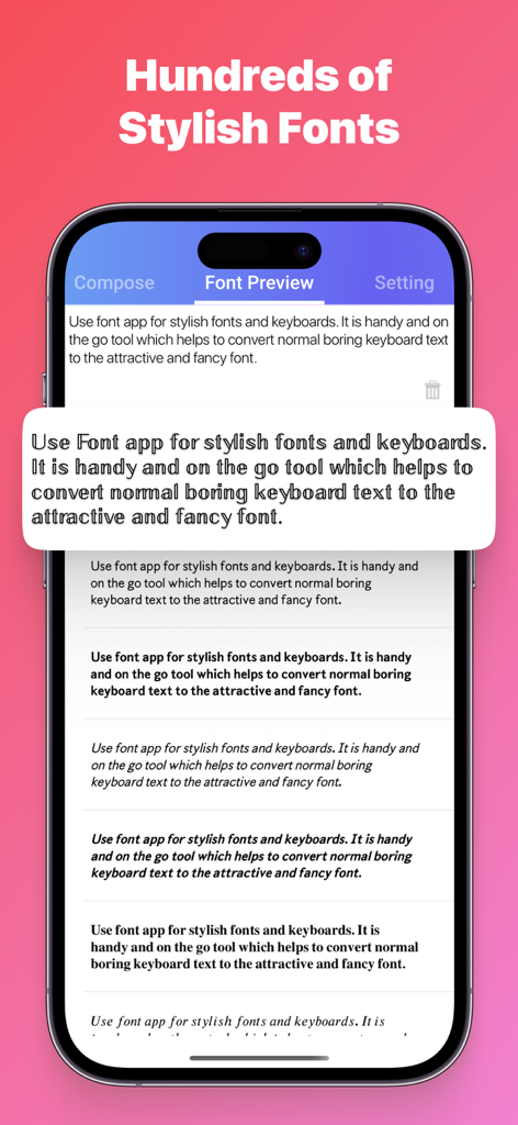 Font: Cool Design Keyboard App - A smartphone screen displaying a variety of stylish font styles for text customization