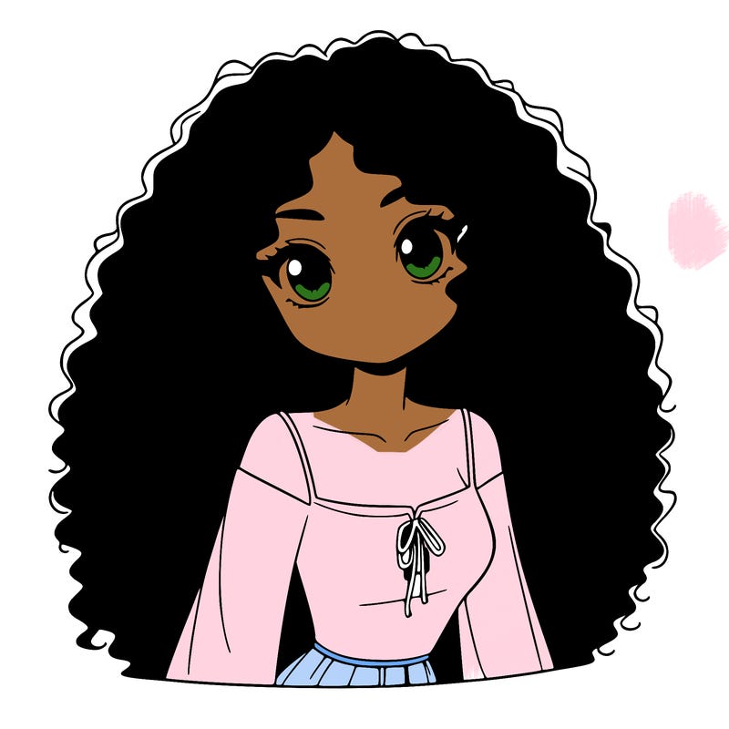 a black anime girl with long afro hair