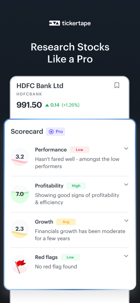 Tickertape: MF, Stock screener - Interfaz de la aplicación móvil Tickertape que muestra un cuadro de mando de investigación de acciones con métricas de rendimiento y rentabilidad
