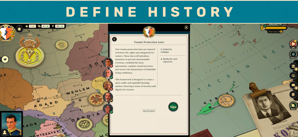 Suzerain - Un collage del juego Suzerain que muestra un mapa político de Sordland y un documento de decreto legislativo titulado Leyes de Protección de Inquilinos.