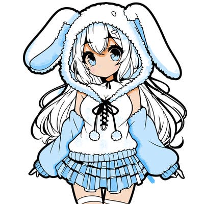 pretty anime girl wearing a fluffy hoodie with bunny ears on the hood and a skirt