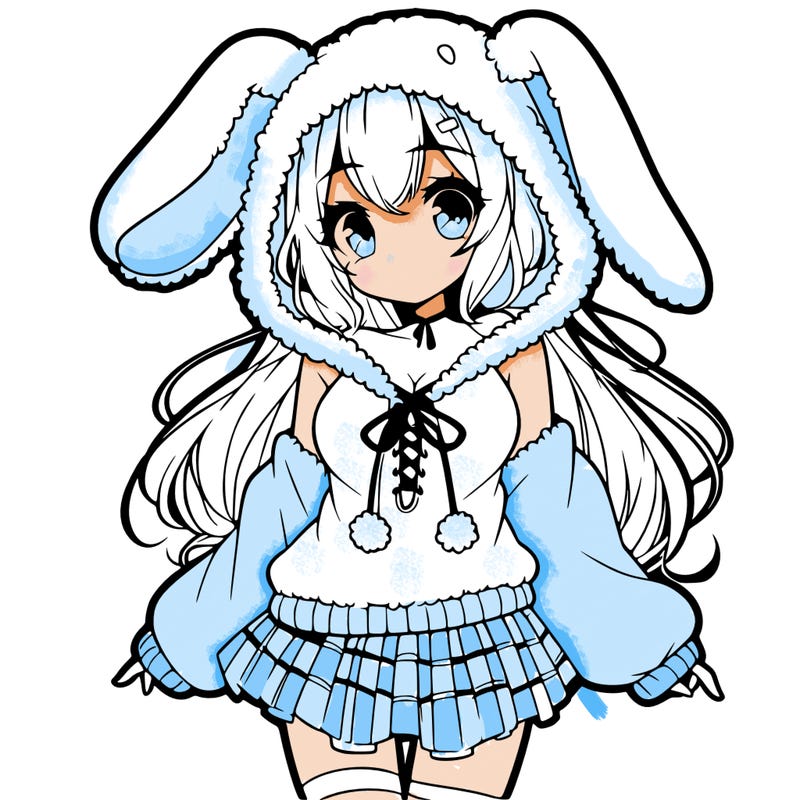 pretty anime girl wearing a fluffy hoodie with bunny ears on the hood and a skirt