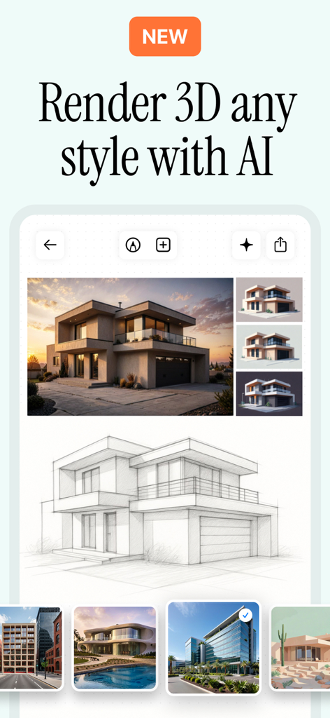 uMake: 3D CAD Modeling, Design - Architekturzeichnung, die mit uMake KI-Stilen in professionelle 3D-Renderings verwandelt wurde