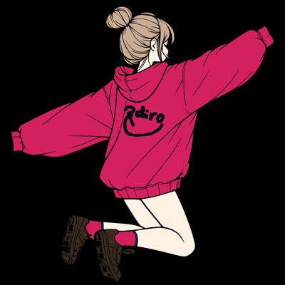 realistic girl jumping with a bun and oversized sweatshirt