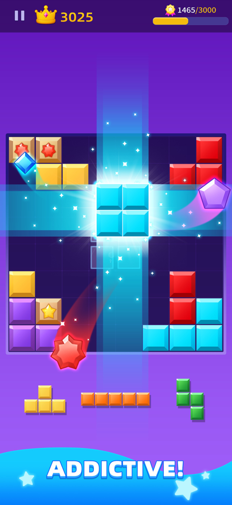 Gameplay of Block Mania showing colorful puzzle blocks clearing in a cross pattern with glowing light effects.