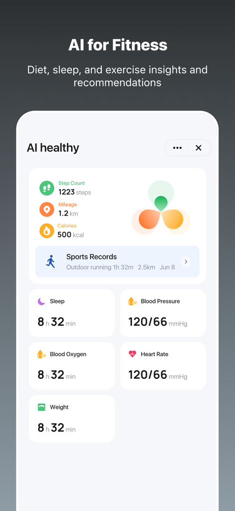 Tuya Smart Life app AI fitness dashboard showing step count heart rate and health metrics