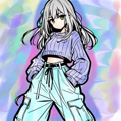 anime teen girl with baggy pants and crop top with sweater