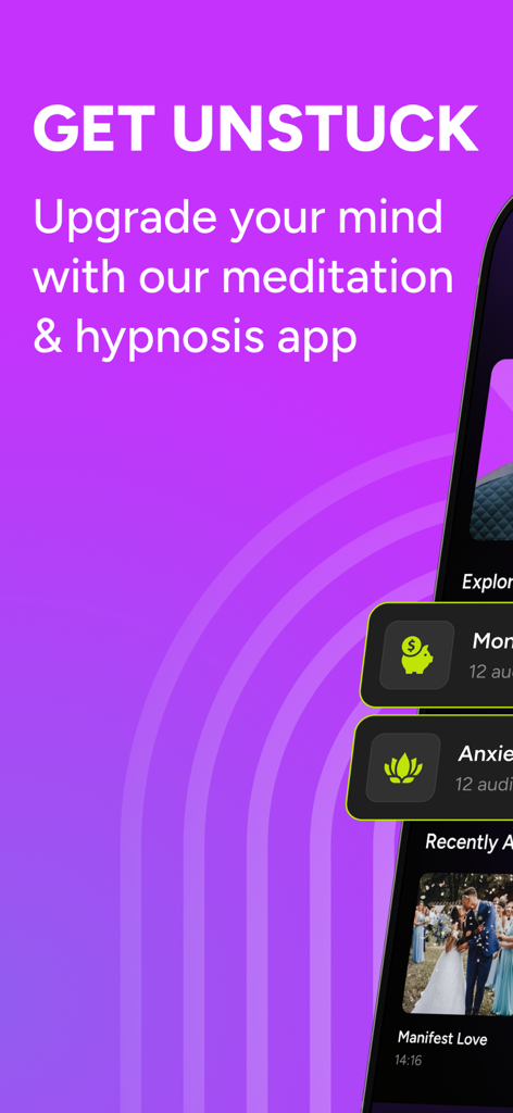 MINDMOD: Hypnosis & Meditation - Interfaz de la aplicación MINDMOD con el titular Ponte en Marcha y categorías de hipnosis para dinero y ansiedad