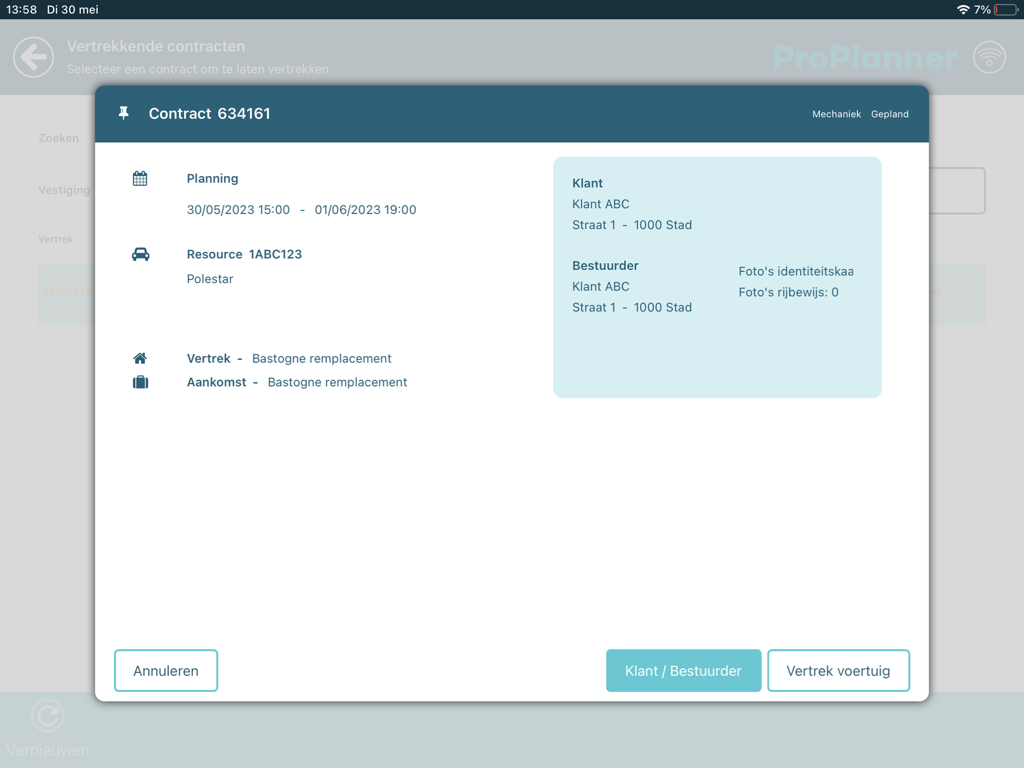 ProPlanner - A detailed view of a car rental contract within the ProPlanner app interface showing schedule and driver information.