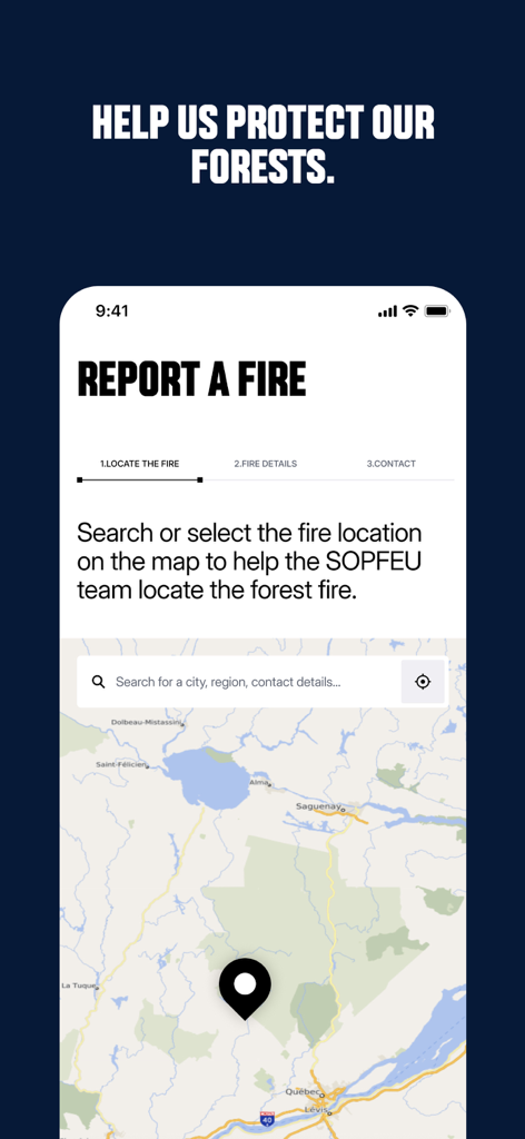 Interface of the La SOPFEU app showing the first step to report a forest fire with a map location pin
