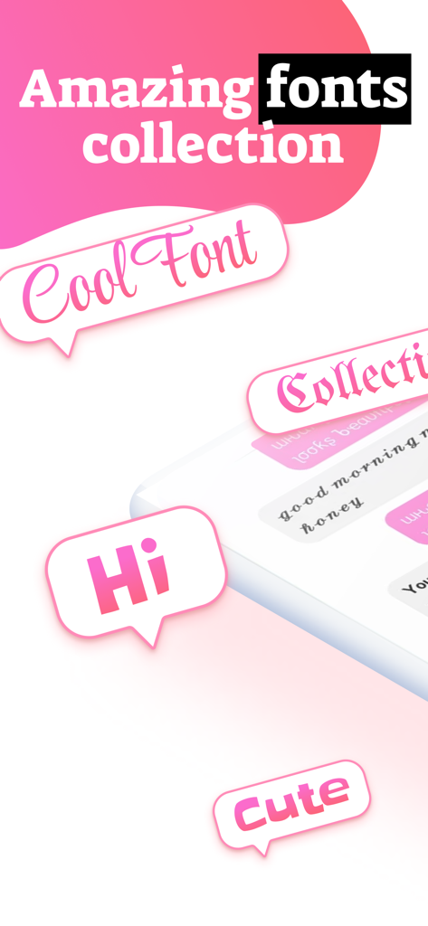 A collection of stylized fonts in pink speech bubbles from the Fonts Keyboard app