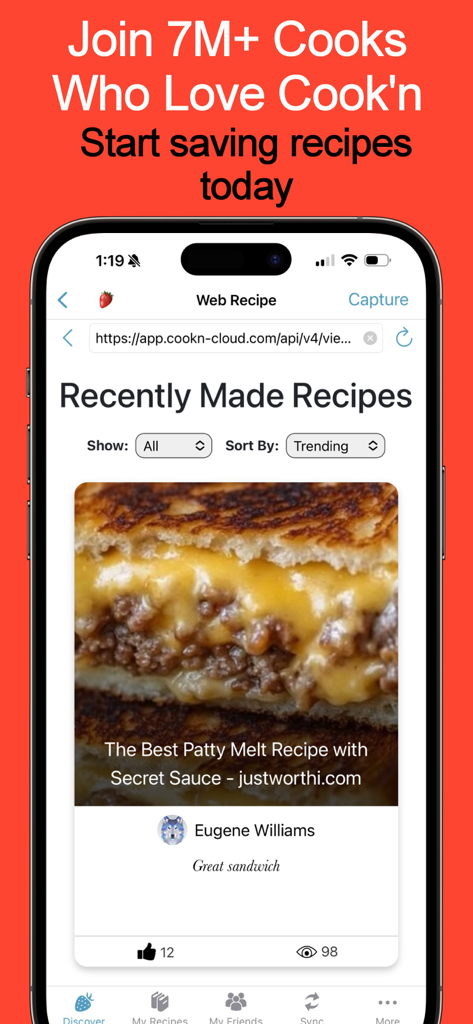 Recipe Keeper - Cook'n - Captura de tela móvel do aplicativo Cook'n exibindo uma receita de patty melt compartilhada pela comunidade na seção de receitas feitas recentemente
