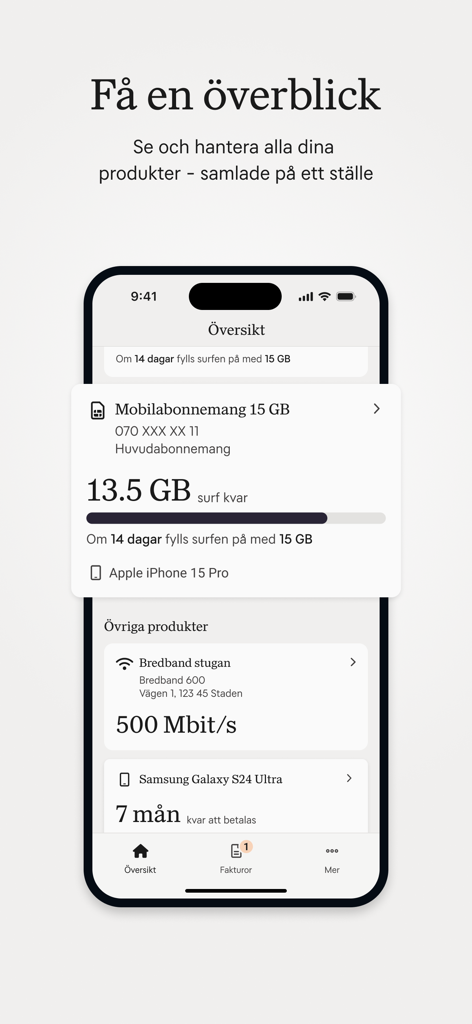 Panel de la app móvil Mitt Tele2 mostrando el uso de datos móviles y los detalles de la cuenta de banda ancha