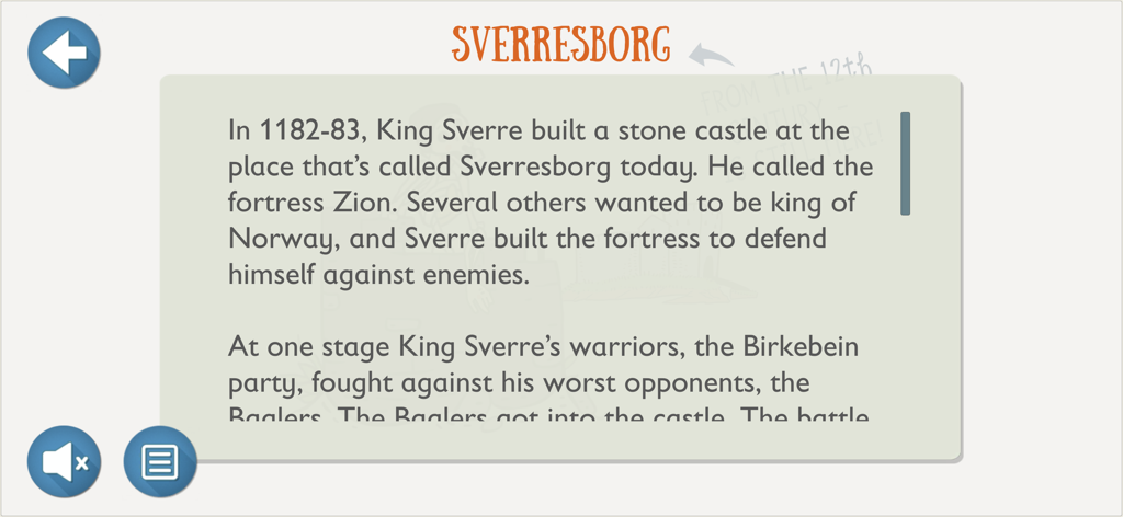 Time Travel Trondheim - Historical information screen about Sverresborg and King Sverre in the Time Travel Trondheim app.