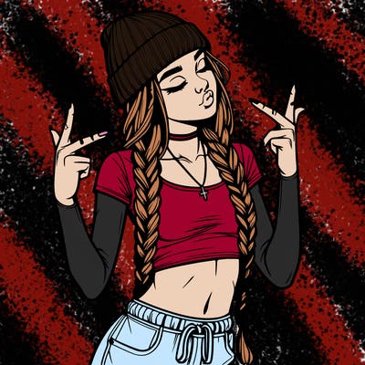 realistic teenage girl with braids and a beanie and crop top doing 🫶🏼