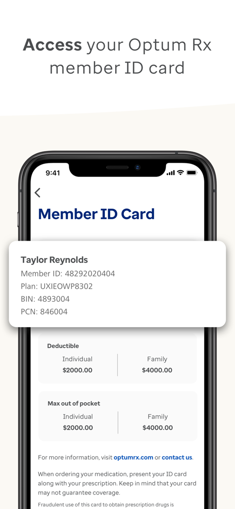 Digital pharmacy member ID card display in the OptumRx app showing plan details and deductibles