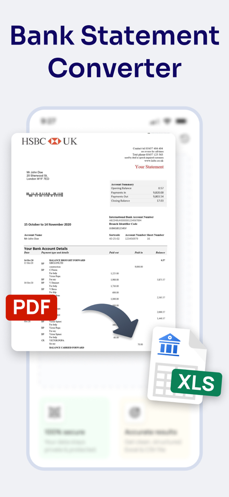 PDFの銀行明細がExcelスプレッドシートファイルに変換される様子を示すインフォグラフィック