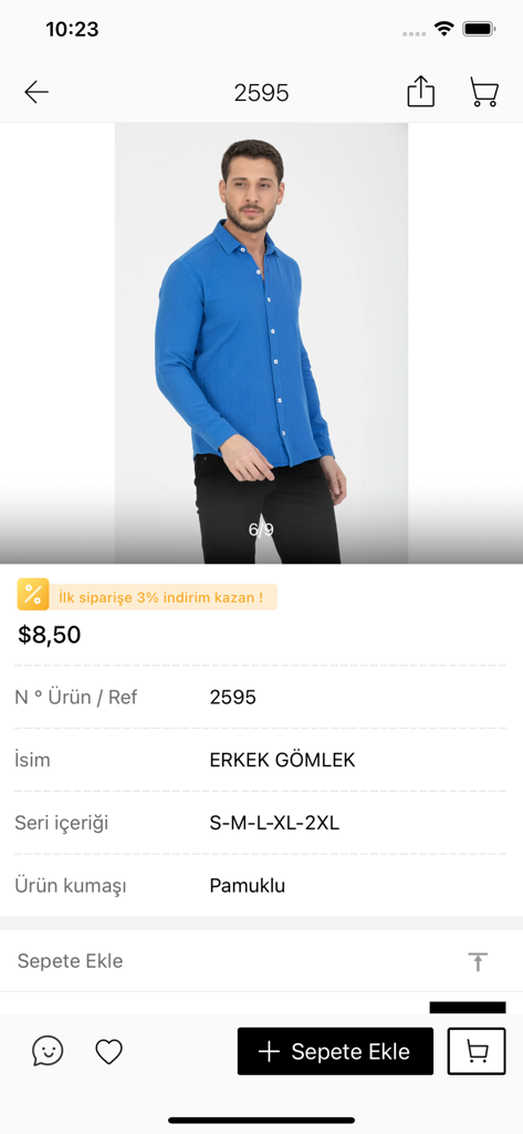 Redline - Aplicación mayorista Redline mostrando detalles del producto de una camisa de algodón azul para hombre