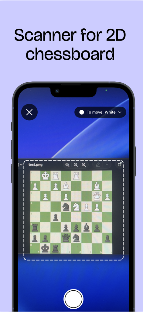 Stockfish Chess Analysis - Smartphone scanning a 2D chessboard to provide Stockfish engine analysis