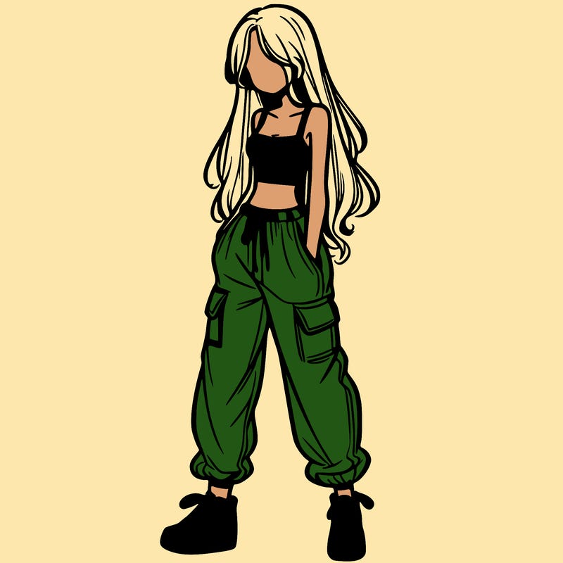 girl in baggy pants crop top and long hair