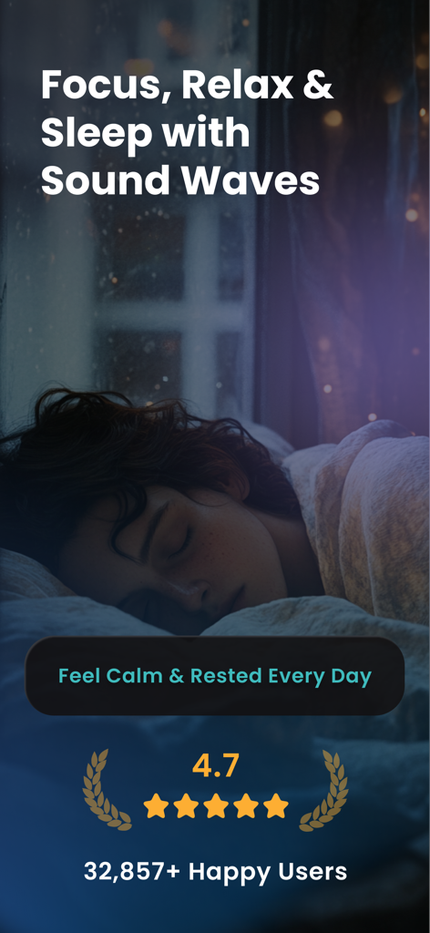 ZenWave · Sounds & BrainWaves - A person sleeping peacefully with text overlay about focusing relaxing and sleeping using ZenWave sound waves