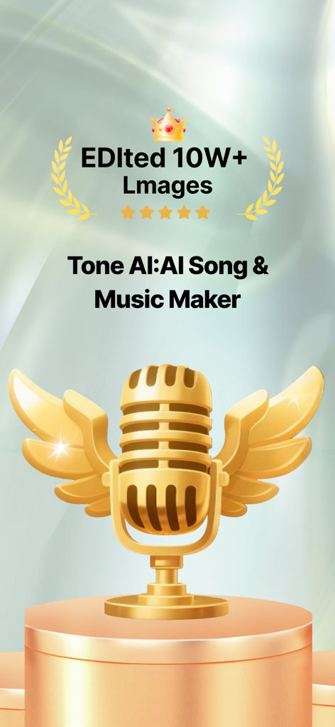 Tone AI:AI Song & Music Maker - A golden winged microphone on a pedestal featuring the Tone AI app logo and star ratings